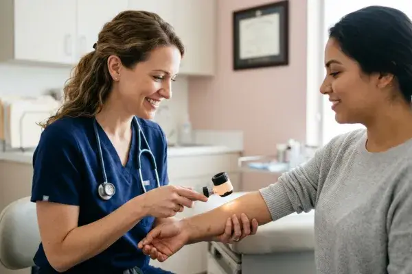 A smiling female doctor in navy scrubs using a dermatoscope to examine a patient's forearm during a skin check appointment in a modern medical clinic